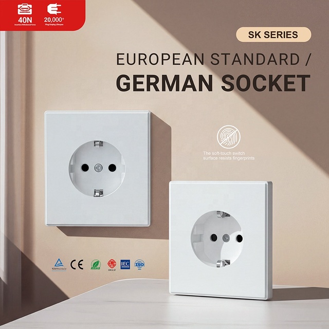 EU Standard Electrical Power 16A Rated Current Switches and Socket Set for Home German Schuko PC Panel Wall Sockets Satin Panel