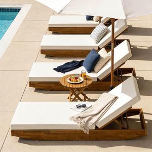 Acacia Wood Modern Luxury Chaise <strong>Lounge</strong> Cushion Teak Finish Eco-Friendly Outdoor Recliner Cream Water-Repellent <strong>Pool</strong> <strong>Lounge</strong> - Product Image 6