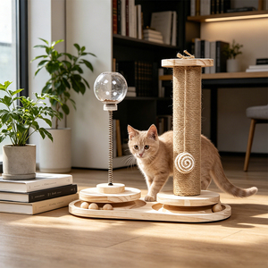 Zona Attività per Animali Domestici con Robusta Base in Legno, Tiragraffi per Gatti con Giocattolo a Molla e Palla su Pista per Gioco al Chiuso e Cura delle Unghie - Product Image 1