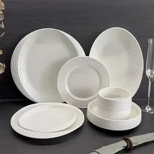 Hotel kitchen plates sets ceramic porcelain tableware clay hotel tableware embossed fine bone china dinnerware set