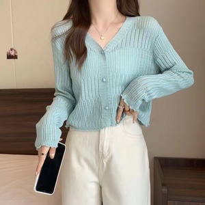 <span class=keywords><strong>Cardigan</strong></span> court de style coréen pour femmes, pulls à manches longues, col en V, bord d'oreille en bois, veste tricotée fine - Product Image 6
