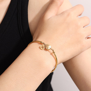 Gold Plated <b>Copper</b> Alloy Charm <b>Bracelet</b> For Women Fashion Curved Design With Coin Pendant Jewelry Accessory - Product Image 3