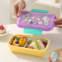 Boîte à lunch pour enfants en acier inoxydable 304 à 2 compartiments, couvercle transparent, design de dessin animé, anti-fuite, poignées bicolores avec cuillère