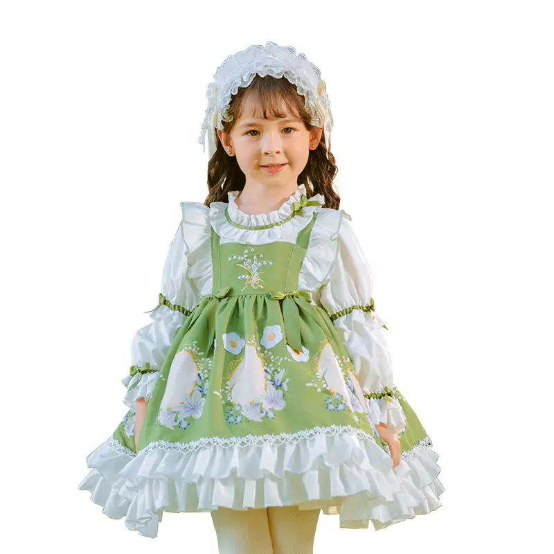 Nueva oferta, vestido medieval verde de estilo fresco y dulce, vestido de princesa de otoño para niños, vestido de Lolita