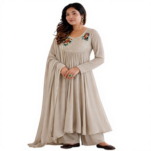 Women's Peach Rayon <b>Kurta</b> Set With Floral Embroidery Floor-Length Loose Fit Traditional <b>Indian</b> Pakistani Wear - Product Image 1