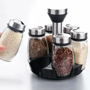 Home kitchen glass spice jar 6-piece set with rotatable stainless steel lid suitable for organizing spice jars in the kitchen