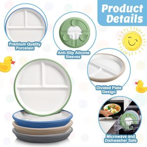 Platos de porcelana blanca para niños con mangas de silicona Platos de bebé divididos antideslizantes para microondas con ventosa para niños pequeños - Product Image 4