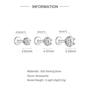 Pendientes clásicos de plata S925 con seis puntas y moissanita redonda de color D, con parte trasera plana, para perforaciones, varios tamaños: 2.5mm, 3mm, 4mm, para cartílago. - Product Image 5