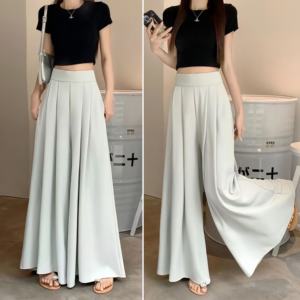 Nuovi <span class=keywords><strong>Pantaloni</strong></span> Lunghi da Donna a Gamba Larga a <span class=keywords><strong>Vita</strong></span> <span class=keywords><strong>Alta</strong></span> con Pieghe Tinta Unita Estivi Leggeri Casual ed Eleganti - Product Image 5