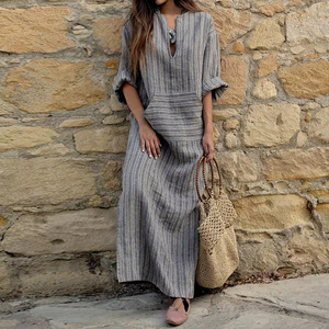 Robe longue en coton et lin pour femmes, grande taille, tendance, avec poches, rayée, coupe ample en forme de H, nouvelle arrivée été-printemps - Product Image 4