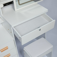 Coiffeuse de maquillage moderne blanche avec miroir LED, armoire latérale, tiroirs, étagères et tabouret, mobilier OEM
