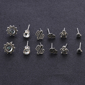 Juego de 6 Pares de Aretes de Moda con Forma de Tortuga, Corazón, Cactus, Hamsa, Zirconia y Plata, Unisex, para Regalo - Product Image 3