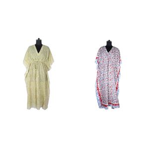 Robe ample sans manches en coton pour femmes sexy, caftan long, design tendance, caftan en coton imprimé floral, col en v, décontracté - Product Image 1