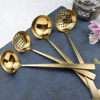 Ensemble de louches à soupe et cuillères ajourées en acier inoxydable doré effet miroir, à long manche, pour buffet, hôtel, restaurant, vente en gros