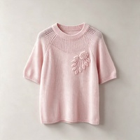 Pull en cachemire pur à 100 % pour femme Tyan, à manches courtes, col rond, tricot ajouré 3D à fleurs, multicolore, haut en cachemire pour femme