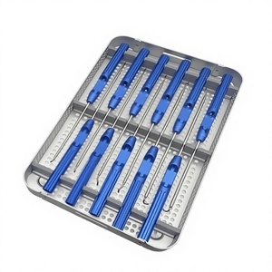 Juego de Instrumentos de Microcirugía con Gancho Nervial y Mangos de Aluminio Azul en Caja de Esterilización de Acero Inoxidable Perforado - Product Image 1