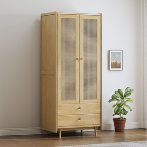 Solid Wood Rattan Wardrobe With <b>Drawers</b> Hinged Door Storage Bedroom Furniture Vintage Black Wood Color - Product Image 3