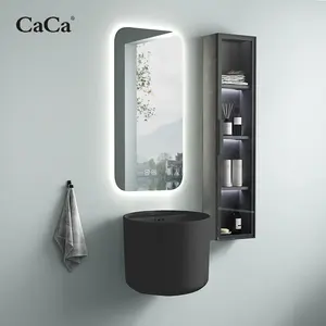 CaCa wastafel kamar mandi, hiasan dinding wastafel keramik hitam setengah alas dengan cermin pintar dan kabinet