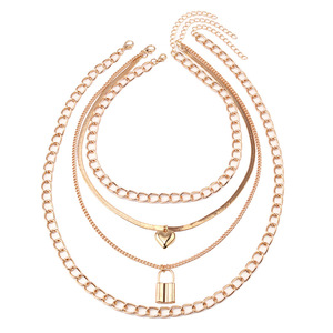 Conjunto de Collares en Capas de Moda, Colgante de Corazón con Candado de Aleación de Zinc Dorado, Cadena de Múltiples Hilos, Joyería para Mujer, Pieza de Destaque Moderna - Product Image 5