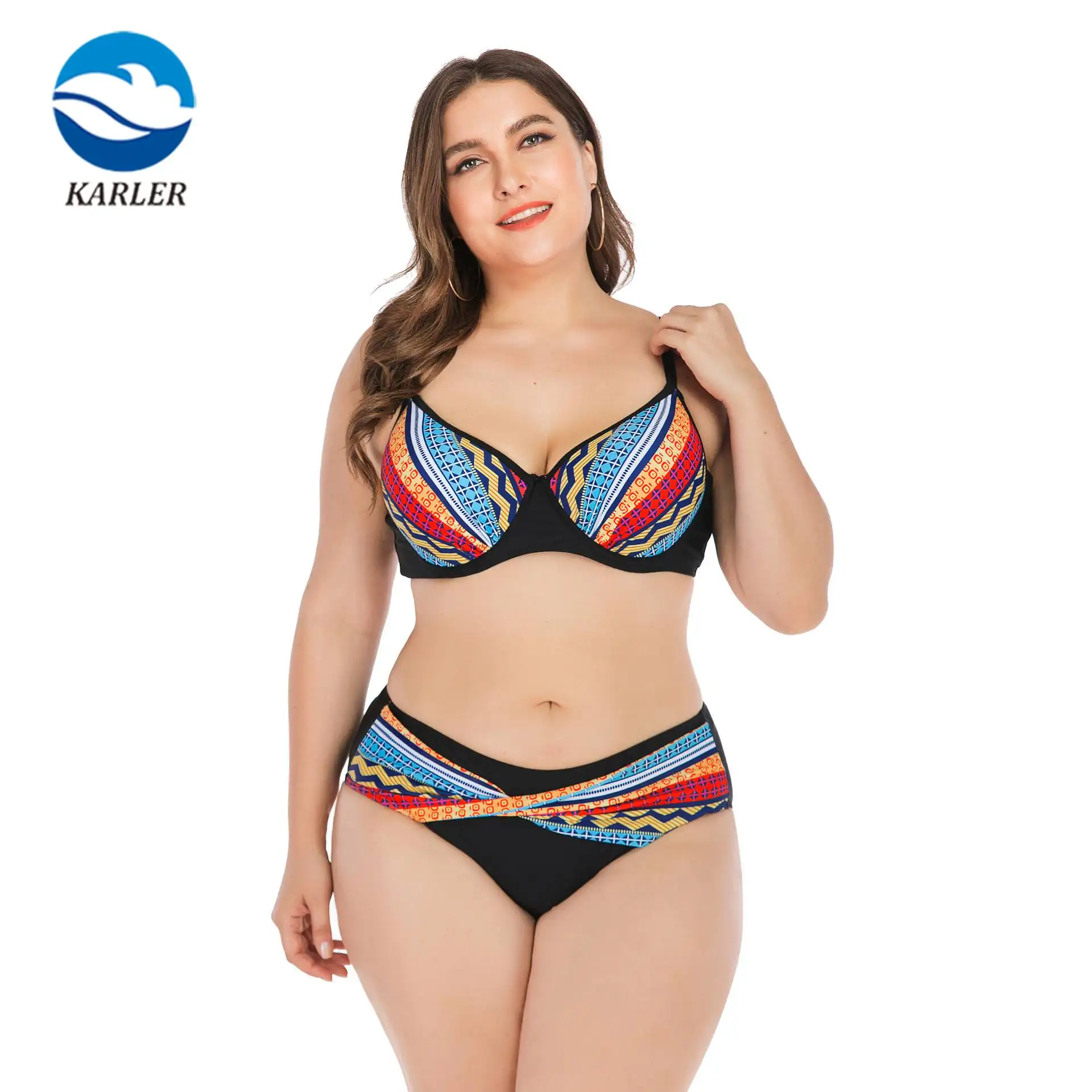 Factory Beach Wear Female Retro Black Straps Mid Rise Push Up Two Piece Plus Size Swimwear