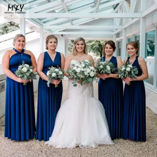 Gaun malam pernikahan elegan modis grosir gaun Maxi Bridesmaid biru dongker pesta prom multiway