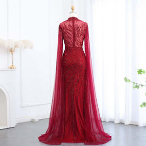 Robes de soirée sirène LSZ162 Dubai, style cape rouge musulmane, avec manches, ornées de plumes et de cristaux 3D, taille naturelle - Product Image 2