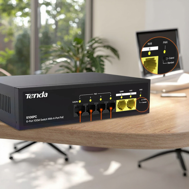 Tenda SG106PC 6-Port 100M Lite PoE Switch Dual-port Uplink Unmanaged 2Gbps Switch Capacity CCTV IP Camera Support 250m Network