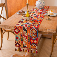 Chemin de table vintage bohème géométrique en jacquard coton et lin avec pompons, lavage à la main uniquement, 33x120cm