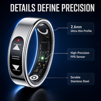 Anneau intelligent à logo personnalisé, ultra-fin 2,6 mm en acier inoxydable, suivi de la santé, fréquence cardiaque, VRC, SpO2, moniteur de sommeil, étanche IP68