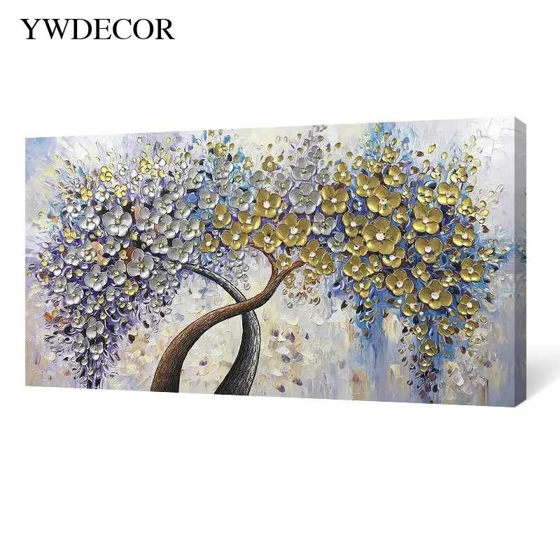 Luxury heavy texture golden flower fortune tree 100% hand painted oil painting 3D knife painting wall art for home office decor