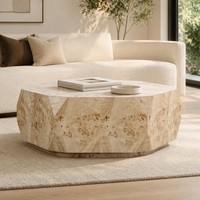 Table basse de luxe en bois de burl facetté, table centrale octogonale sculpturale rustique et créative