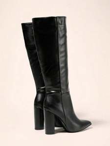 <strong>Women's</strong> Pointed Toe Chunky Block Heel Knee High <strong>Boots</strong> Leather Side Zipper <strong>Black</strong> Autumn Winter Wholesale <strong>Boots</strong> - Product Image 6