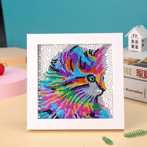 Pintura de cristal de gato emoldurada com diamantes, pintura de bolinhas de diamante, arte em mosaico, pintura com moldura