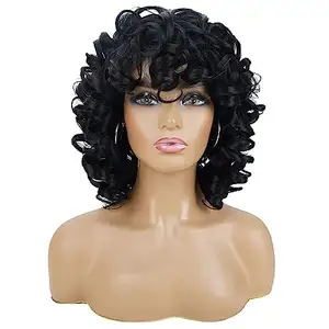 Siyah kadınlar için kısa kıvırcık peruk yumuşak siyah büyük kıvırcık kahküllü peruk Afro Kinky bukleler peruk afrika amerikan kadınlar için