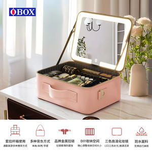 Trousse de maquillage OBOX 12 pouces grande capacité avec miroir et lumière, sac cosmétique de voyage rose fleur de cerisier, poignée souple - Product Image 4