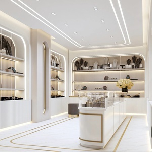 Modern <b>White</b> Jewelry Display Cabinet with LED Strip Lights Tiered Shelves Glass Back Retail Store Showcase - Product Image 2