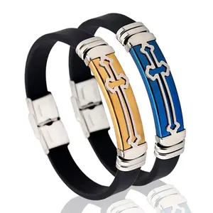 Modische Edelstahl-Schnalle Herren-Silikon-Kreuz-Armband-Armbänder Großhandel Herren Lederband-Armband
