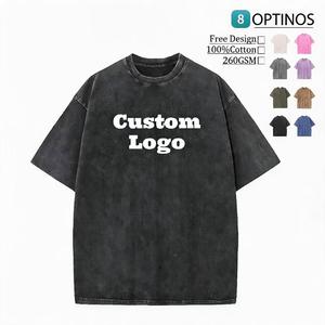 Camiseta de algodón lavado de gran gramaje, oversize, con estampado de logotipo personalizado, estilo casual urbano, manga corta, cuello redondo, color liso. - Product Image 1