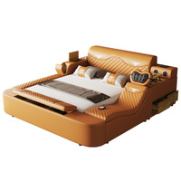 Lit Moderne Multifonctionnel en Cuir Microfibre avec Cadre en Bois, Design Minimaliste de Luxe Léger, Fonctionnalités Audio, Massage et Sécurité