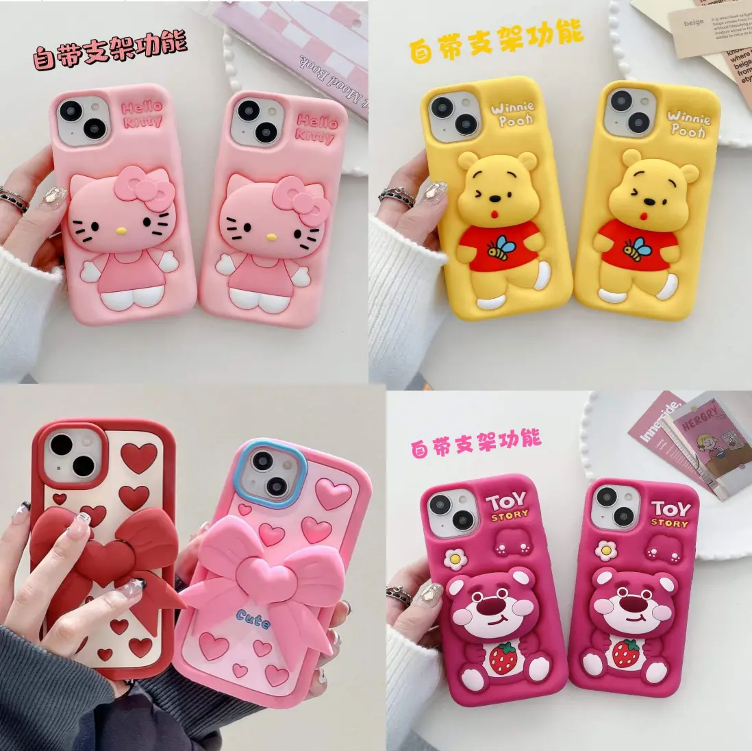 Popular with girls 3D cute cartoon Strawberry Bear kt bear case pink Bow case for Iphone 12 13 14 15 pro/pro max