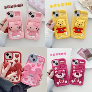Casing beruang kt kartun imut 3D anak perempuan, casing busur merah muda untuk Iphone 12 13 14 15 pro/pro max