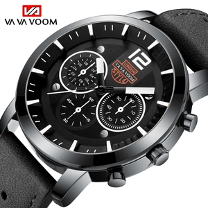 Rugged Mens British Style <b>Watch</b> Chronograph Black <b>Case</b> Perforated Leather Strap Wristwatch - Product Image 6