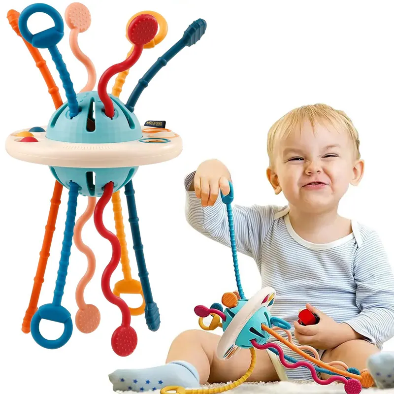 シリコンプルストリングインタラクティブおもちゃ赤ちゃん旅行おもちゃフライングソーサープーラー赤ちゃんのためのシリコンおもちゃ6-12ヶ月