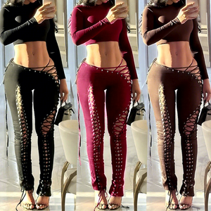 GX25632 Mode Sexy Frauen Kleidung Boutique Langarm Kurzes Oberteil und Einzigartiges Schnürung Hollow Out Pant Jogger 2-teiliges Set - Product Image 2