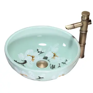 China Supplier Pea Green Plum Blossom Above Counter Basin Round Wash Basin Bathroom Face Bowl Porcelain Wash Basin