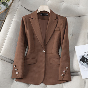 Women's Blazer Brown Plaid Polyester Anti-Wrinkle Office Wear - Product Image 1