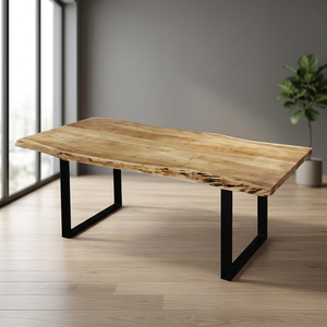 Table à manger pliable 6 places en bois massif à bord naturel, style industriel moderne, bord d'arbre organique, avec piètement métallique, mobilier de maison - Product Image 3