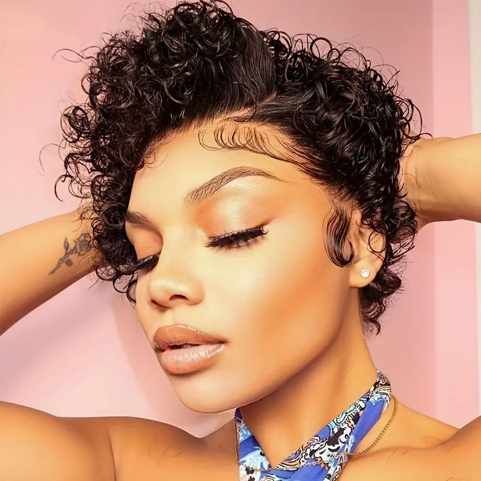 Parte laterale parrucca anteriore del merletto dei capelli umani Pixie Cut corto colore nero parrucche ricci Afro T parrucche Glueless dei capelli umani del merletto per le donne signore