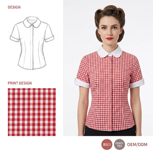 Maßgeschneiderte 1950er Jahre Rote Gingham-Bluse mit Peter-Pan-Kragen, <span class=keywords><strong>Rockabilly</strong></span> Pin-up Stil, Verdeckter Knopfleiste, Maßgeschneiderte Passform mit Darts, Damenblusen - Product Image 1
