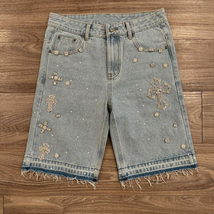 Produttore personalizzato di alta qualità Applique ricamo grezzo orlo Streetwear larghi in <span class=keywords><strong>Denim</strong></span> lavato in <span class=keywords><strong>Denim</strong></span> con strass pantaloncini di jeans da uomo - Product Image 1